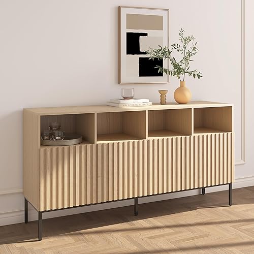 Oxford - Armario de almacenamiento estriado, aparador de buffet con puertas, consola decorativa para sala de estar, comedor, entrada, roble natural