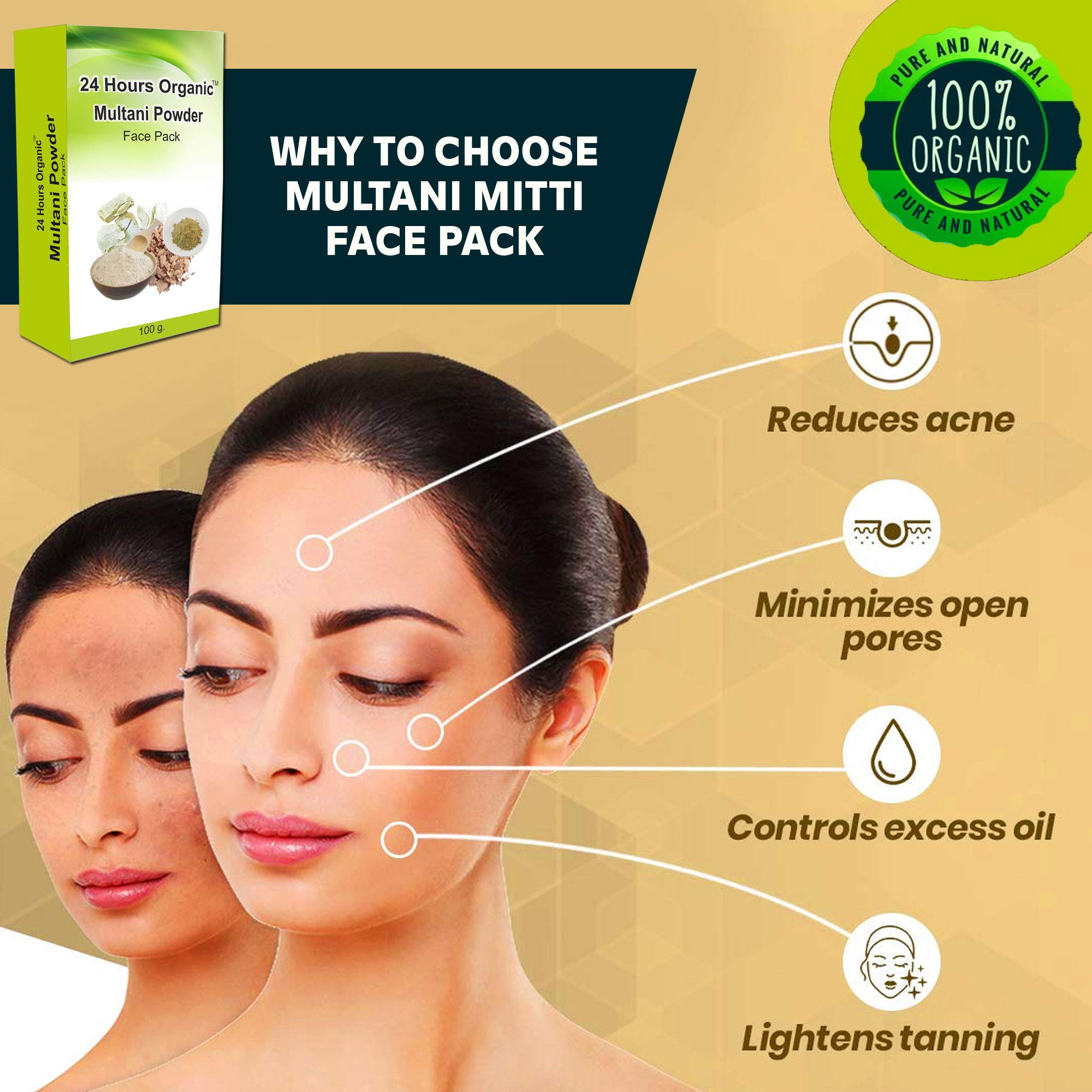 24 Hours Organic Multani Mitti Facepack Powders | Multani Face Pack Powders (Rose Water 60ML | Multani Powder 100g)