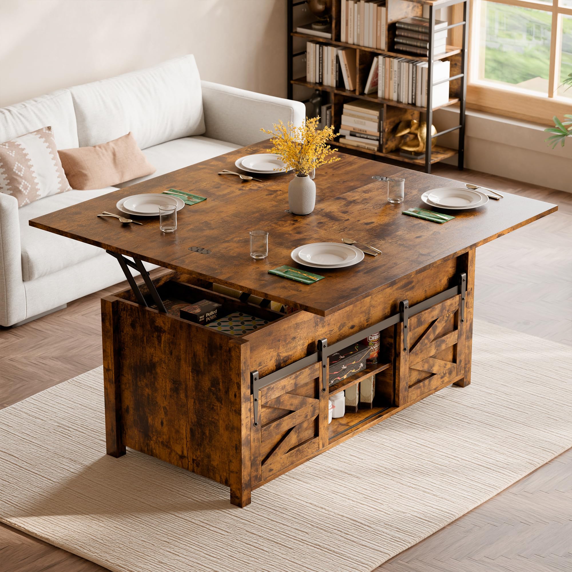 ELUCHANG Couchtisch Höhenverstellbar, 4 in 1 Wohnzimmertisch Umwandelbar in Wohnzimmer-Esstisch, Multifunktions mit Versteckter offenes Fach & Aufbewahrung,für Wohnzimmer/Büro/Esszimmer