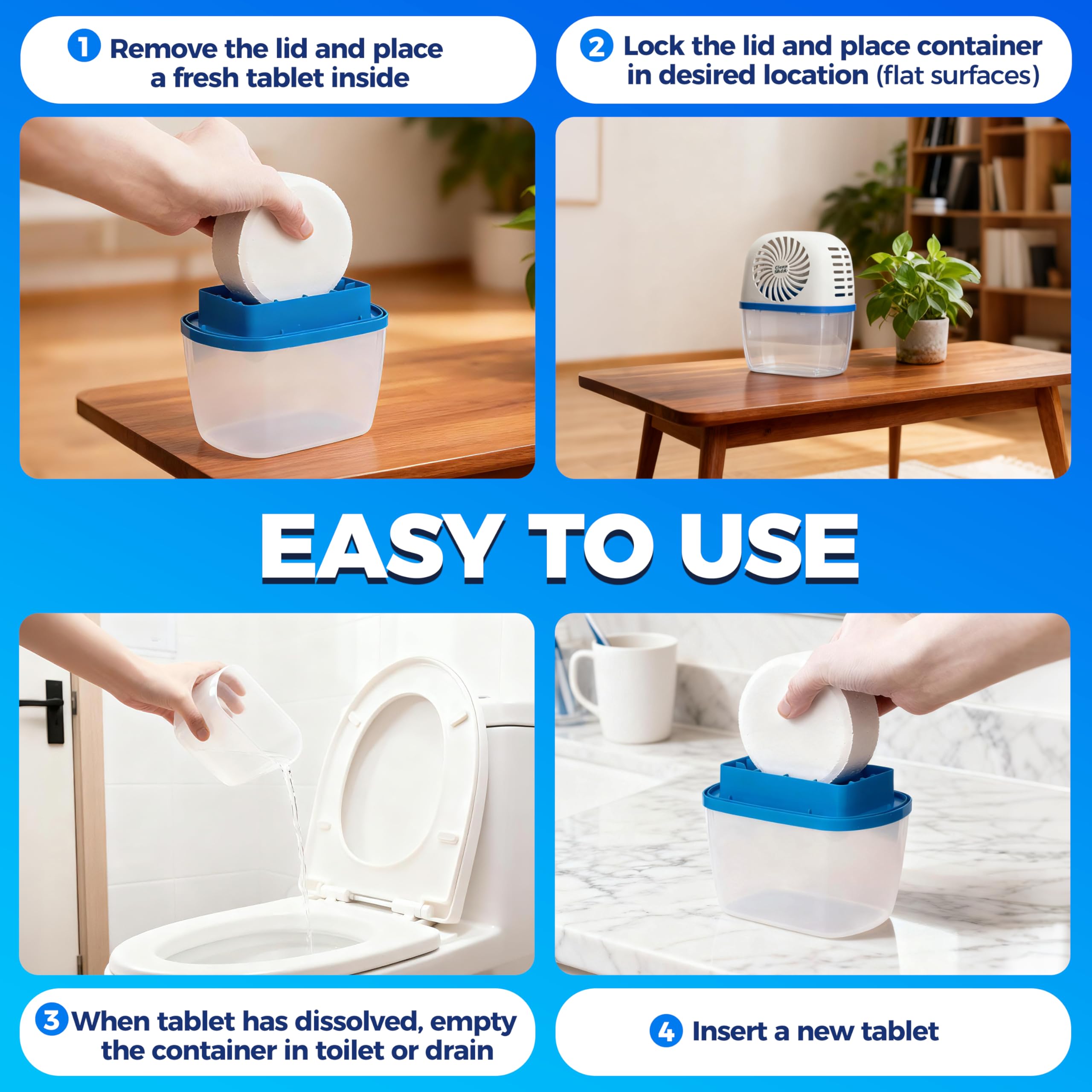 CleanShark Assorbitore di umidità con compresse drop-in, assorbitori di umidità riutilizzabili per armadi e aree umide, include 2 compresse deumidificatori a lunga durata (500 ml), senza profumo