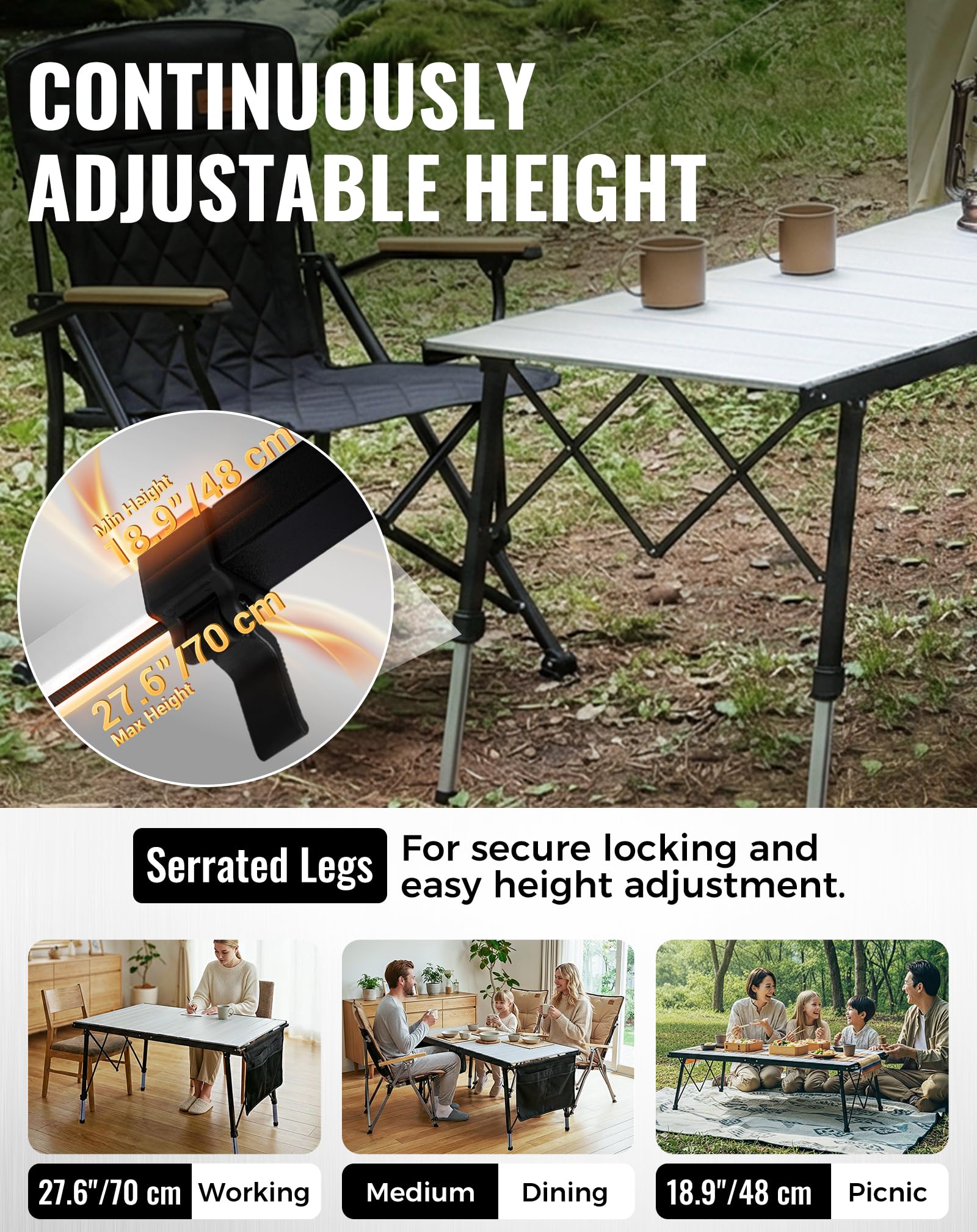 KingCamp Table de Camping Pliable Extra Large Réglable en Hauteur, 140x70cm 48-70cm avec Poches de Rangement, Légère & Stable pour Jardin, Balcon & Extérieur