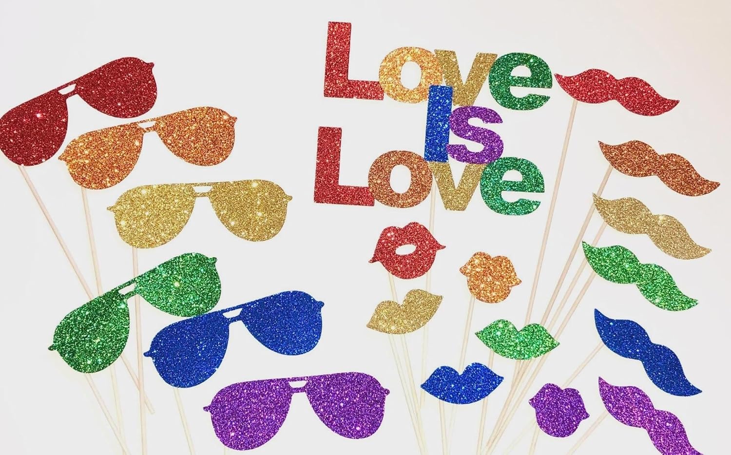 Rainbow Glitter Photo Booth Props, 19 Piece Set, Heavy Duty Card Stock, Pride Party