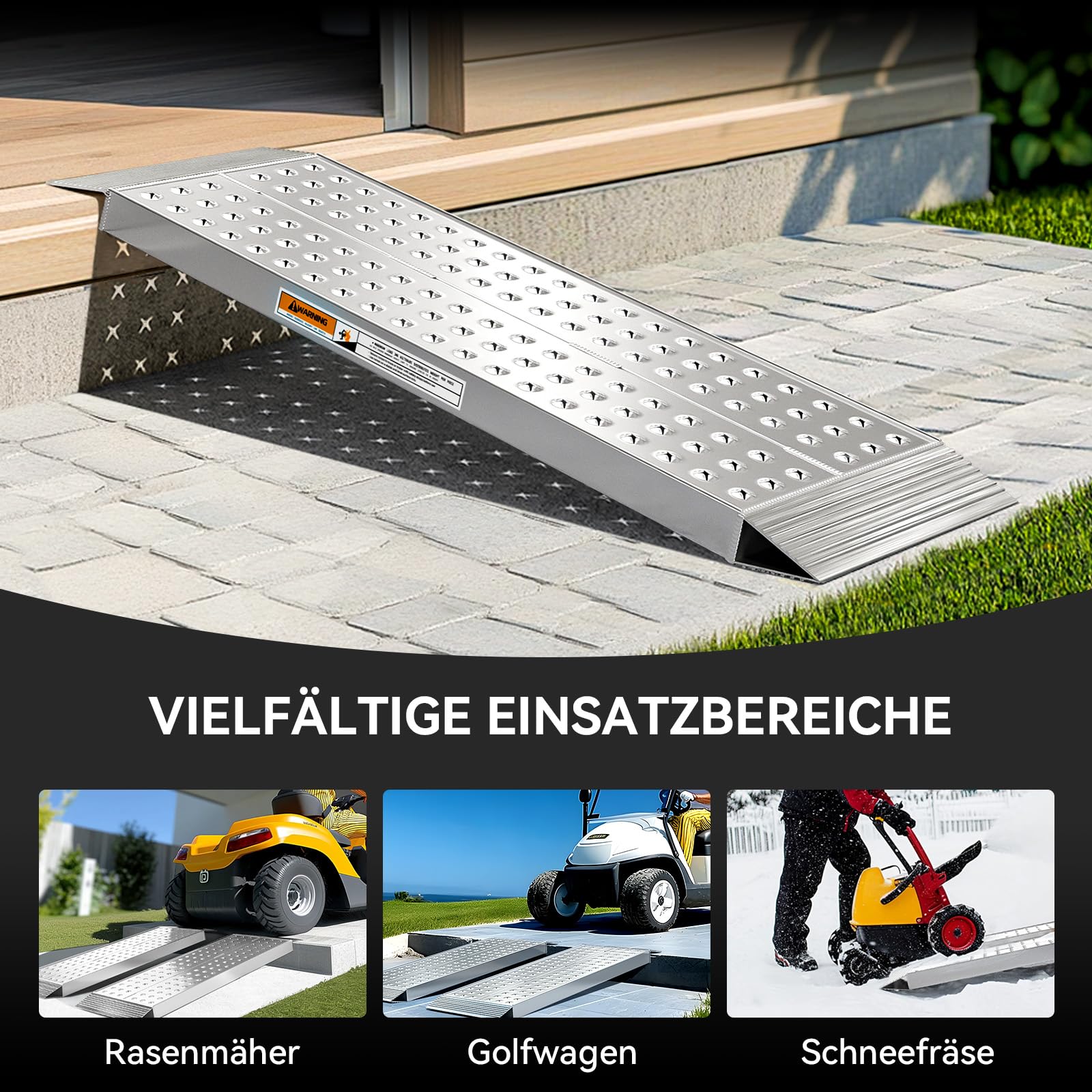 FACHNUO Stabile Aluminium-Rampen 100x30 cm | Laderampe, 680 kg Tragfähigkeit, rutschfest für Schuppen/Rasenmäher | Für Schneefräsen, Motorräder, Crossbikes & ATVs | 2er-Set, Silber