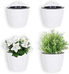 MyGift 7.5 Inch Wall Planters for Indoor Plants, White Plastic Hanging Self Watering Plant Pots, Flower Cactus Herbs Plant Container Wall Planter Set of 4