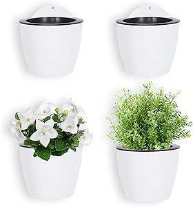 MyGift 7.5 Inch Wall Mounted White Plastic Hanging Self Watering Planter Pot, Small Flower Cactus Herbs Plant Container Wall Planter Set of 4