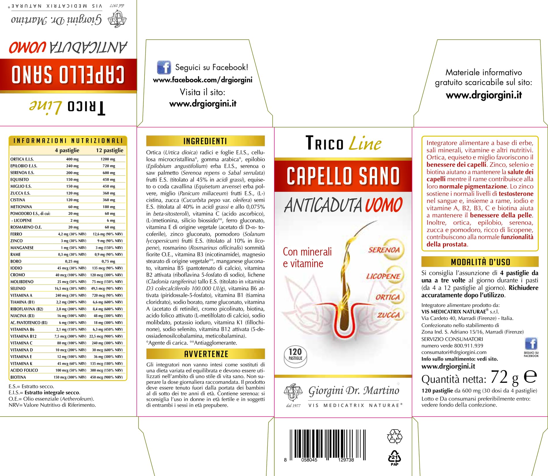 Dr Giorgini CAPELLO SANO ANTICADUTA UOMO pastiglie - 72 g (integratore a base di ortica, equiseto e miglio per il benessere dei capelli)