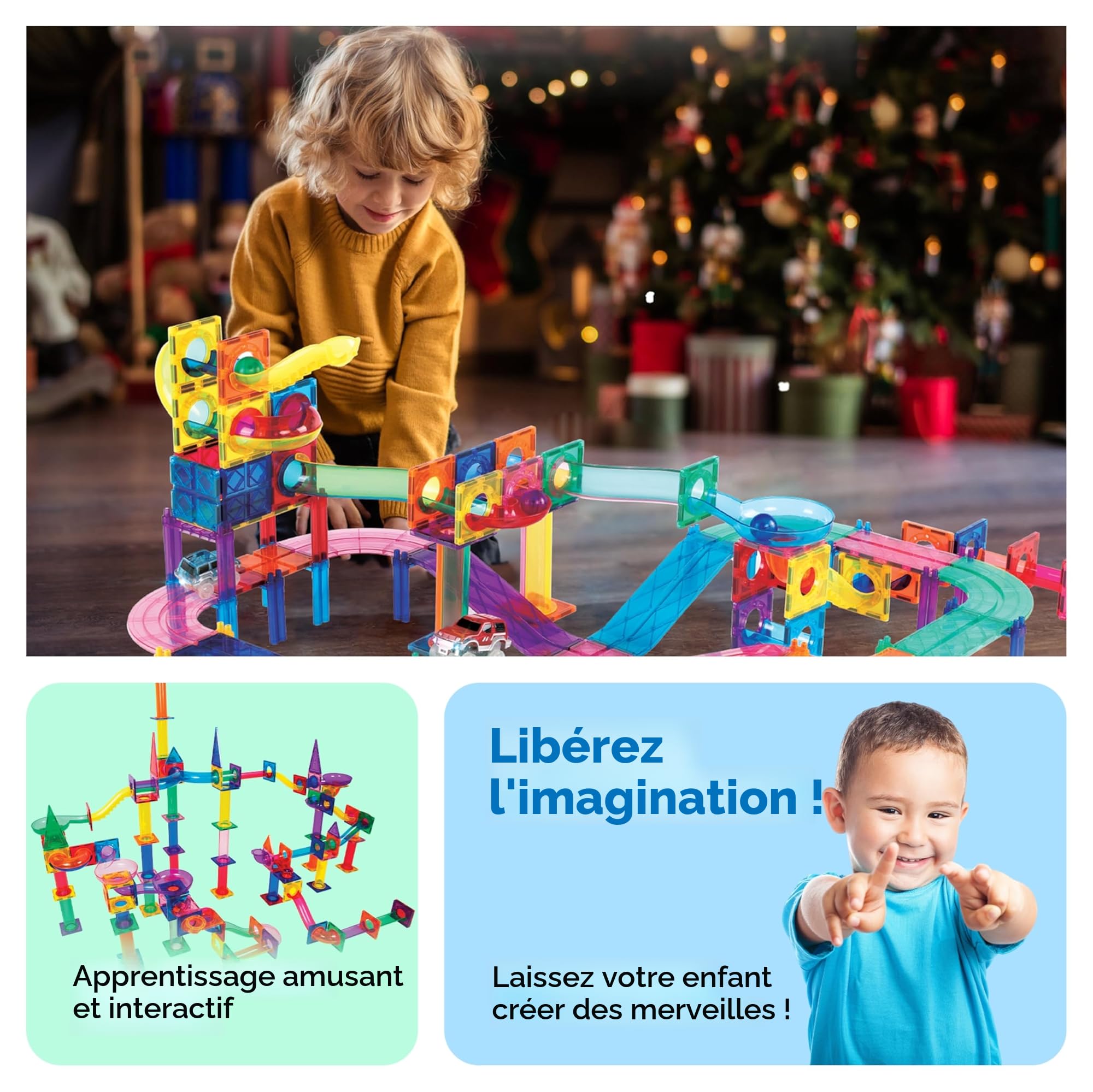 PicassoTiles PTG108 Ensemble de 108 pièces magnétiques en marbre avec tuiles de construction et toboggans de voiture pour enfants à partir de 3 ans