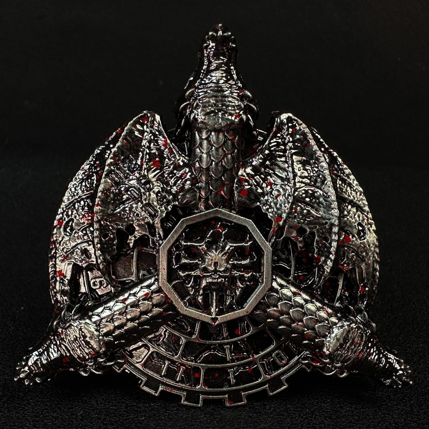 HAOMEJA Metal Spinner Dice 7 in 1 DND Dice Set, Metal Roulette D&D Dice with Gift Random Dragon Eye Bag, Dungeons and Dragons RPG Role Playing Gaming Dice (Ancient Blood Silver)