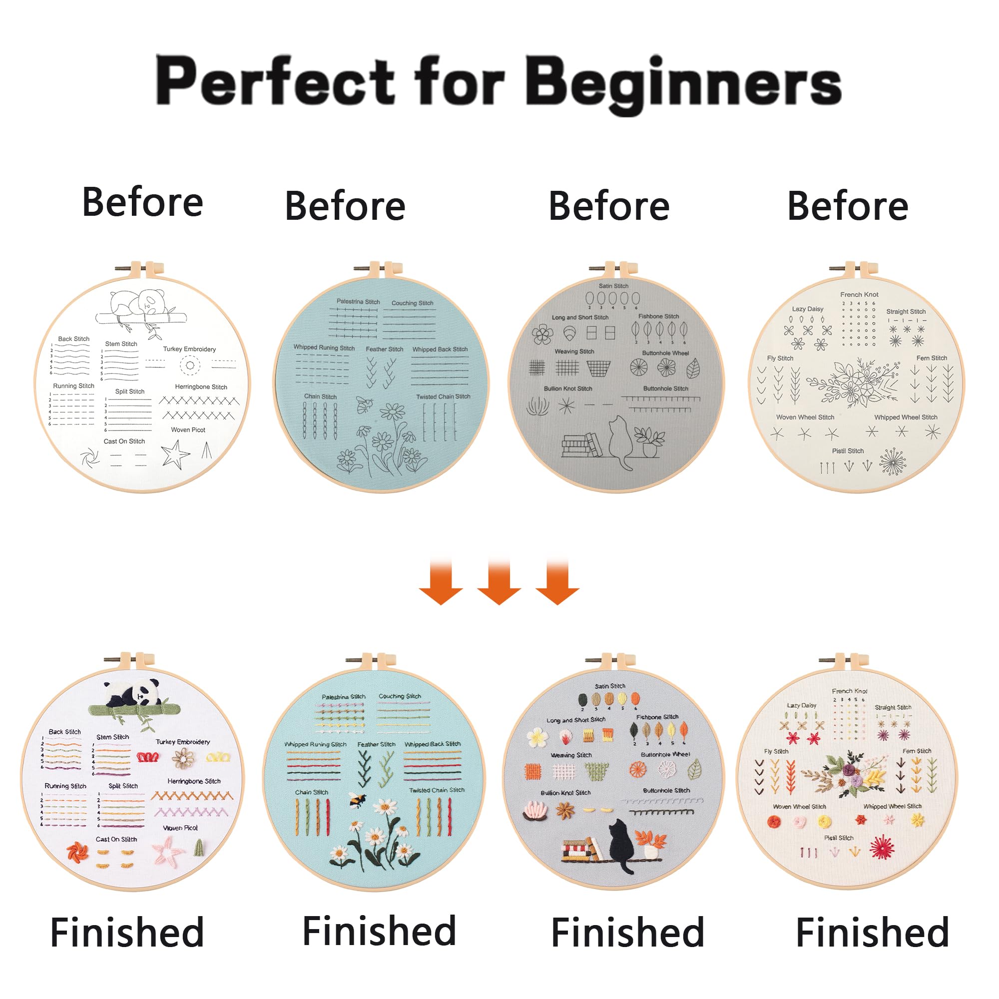 JOINRUN Kit de bordado para principiantes para adultos: 4 juegos de punto de cruz para adultos, para amantes de las manualidades, aprender a coser a mano, incluye patrón estampado, aro, instrucciones
