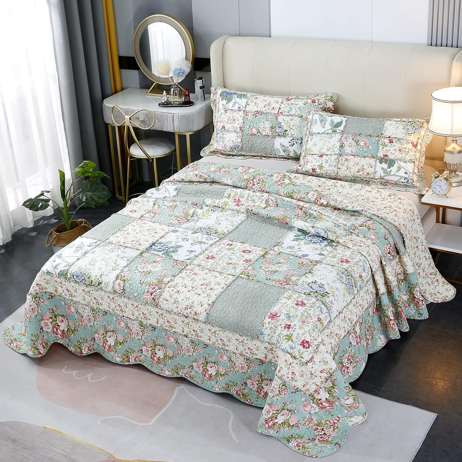 Brandream Queen Size Patchwork Quilts Cotton Green Country Floral Quilted Comforter Set Lightweight Coverlet Set - Image 9