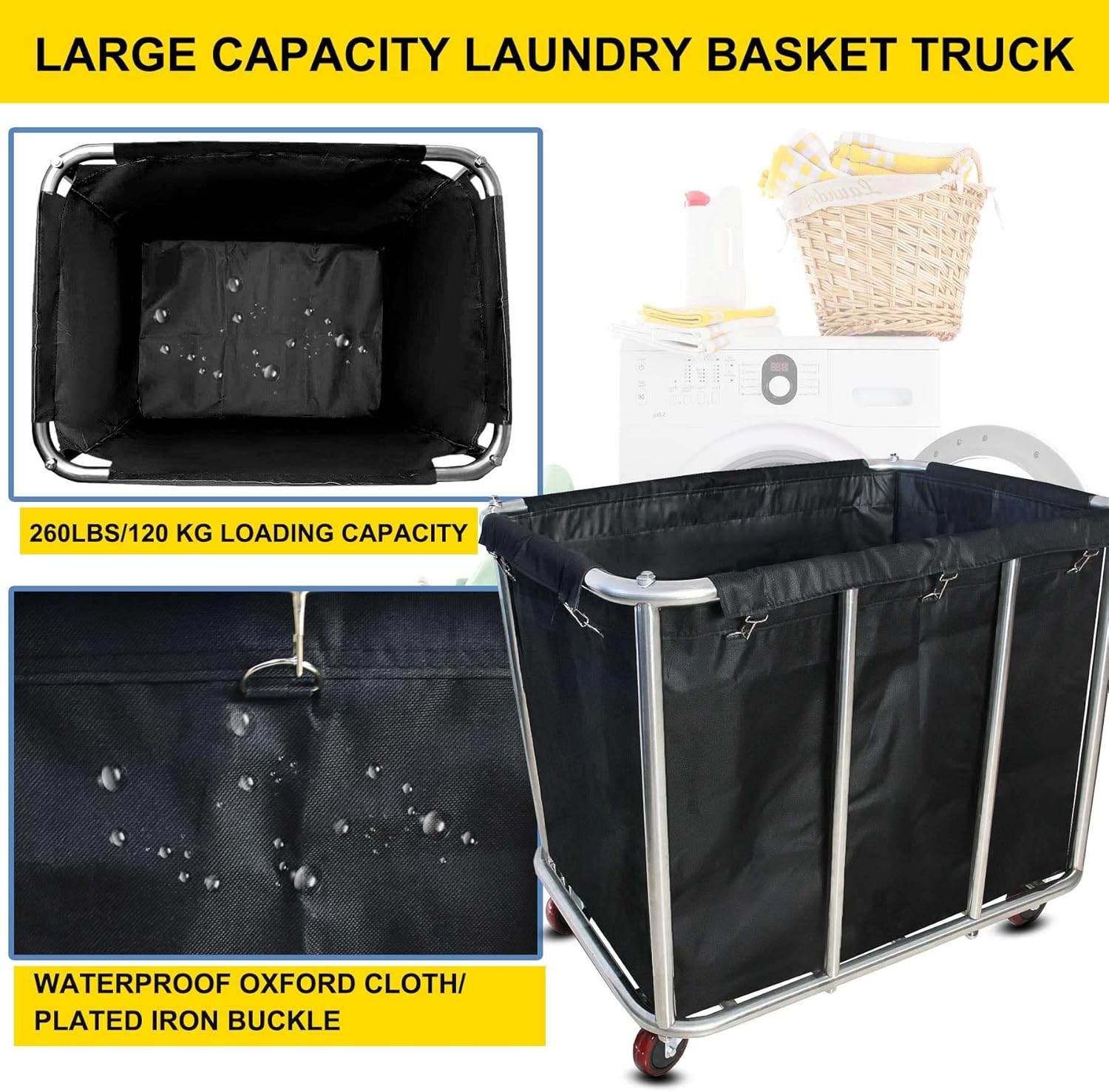 Industrial Commercial Large Rolling Laundry Cart, Heavy Duty Canvas Hamper, 11.5 Bushel, 260LBS Load, Wheeled, Black