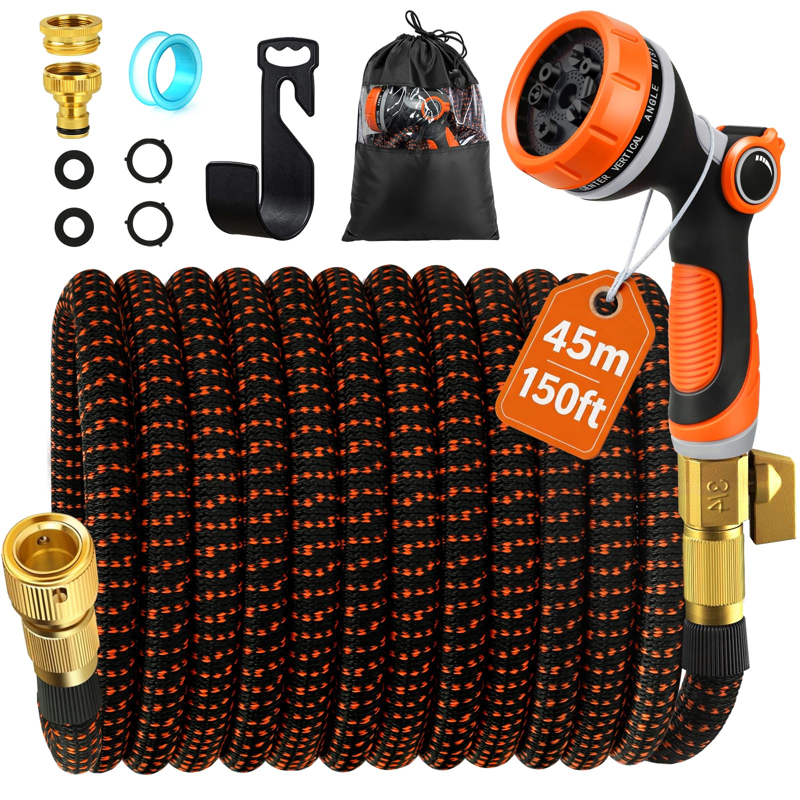 SKYAYA 150FT Garden Hose Pipe- Expandable Hosepipe with 10-Function Spray Gun, 3/4" & 1/2" Fittings, Flexible Retractable Water Hose with Anti-Kink Design for Lawn Watering and Car Washing