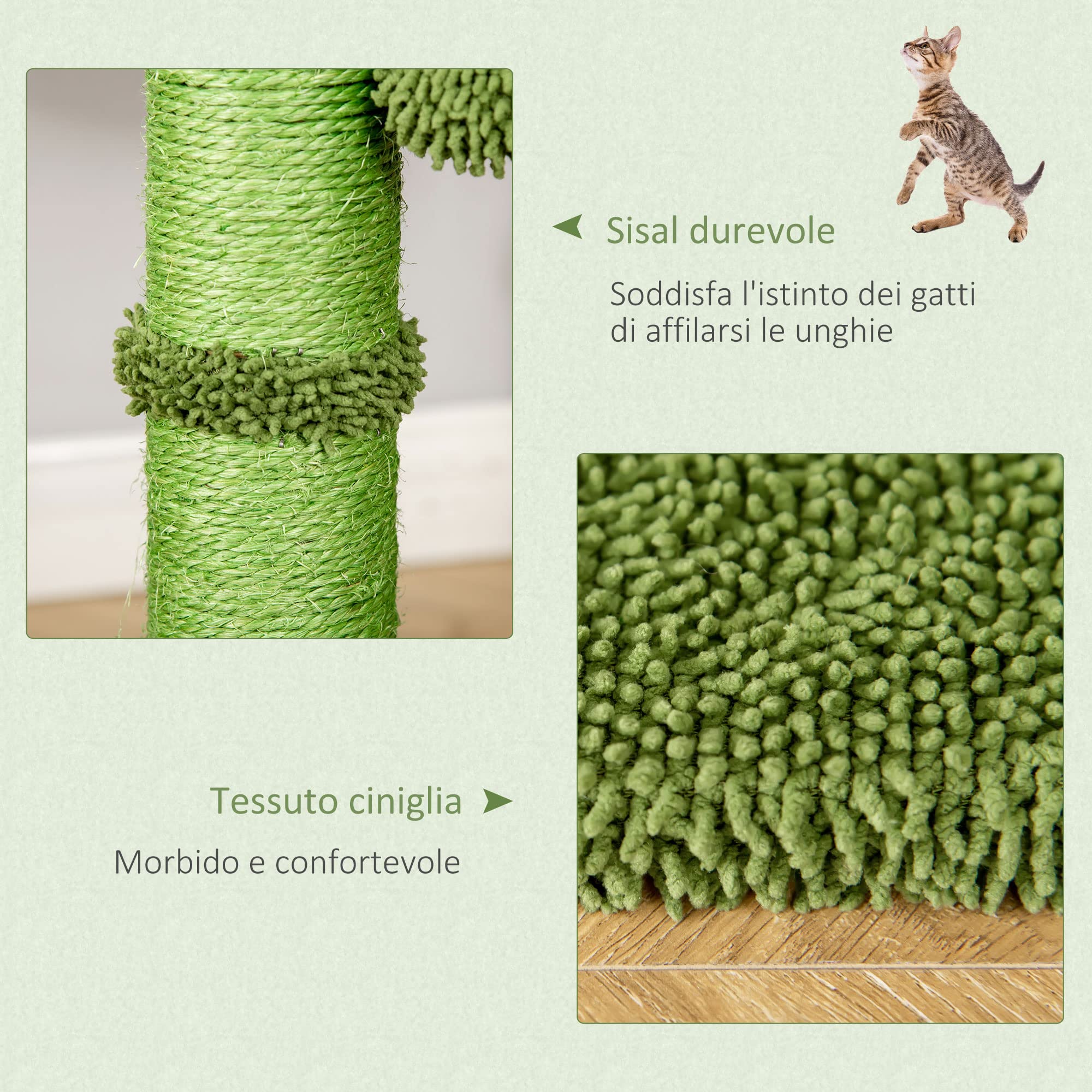 Tiragraffi A Forma Di Cactus PawHut | 96 Cm, Con Sisal, Amaca E Pallina, Per Gatti Fino A 4,5 Kg