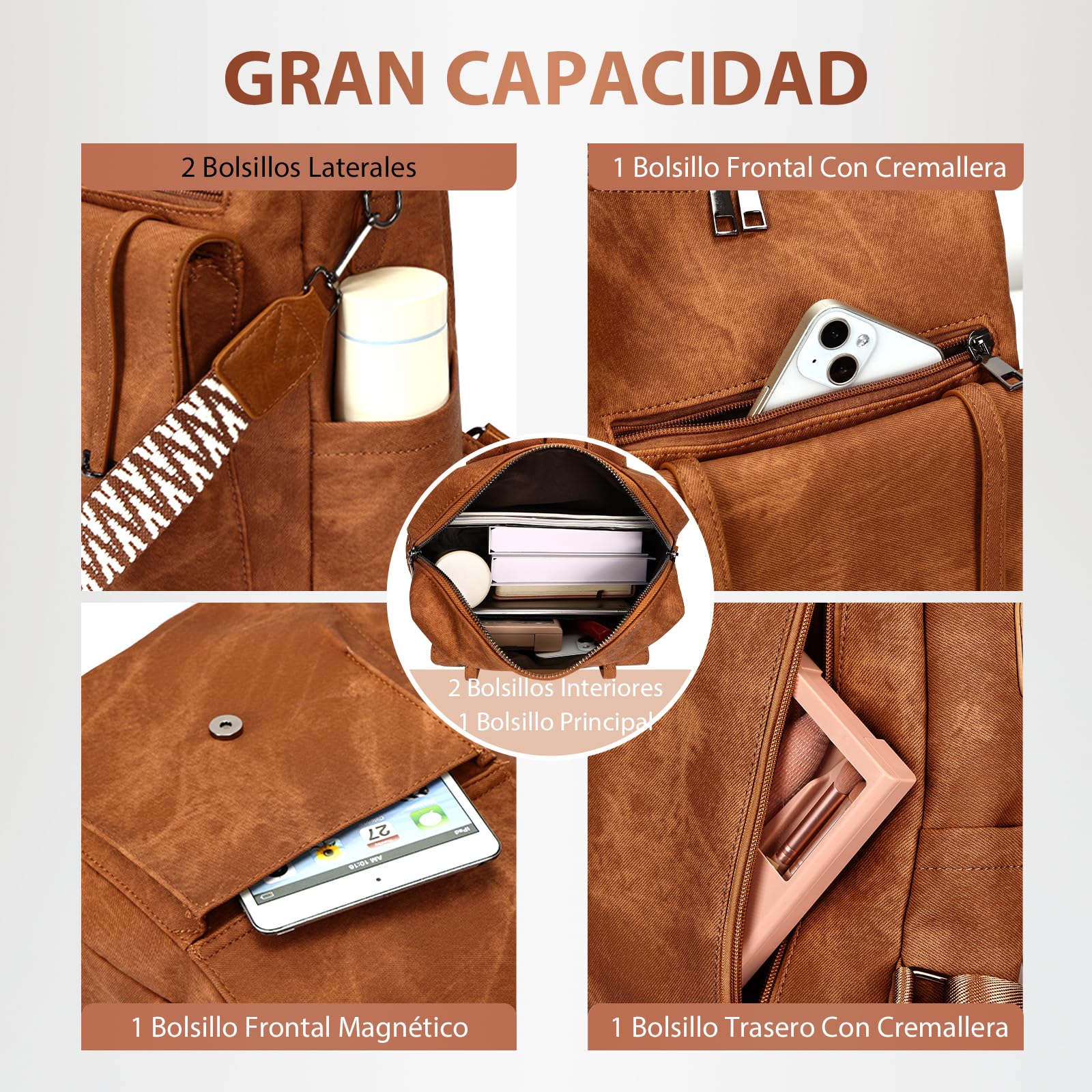 Leathario Mochila Mujer de Cuero PU con Multibolsillos, Mochila Casual y Funcional para Uso Diario, Viajes, Escuela y Universidad Marrón Mate