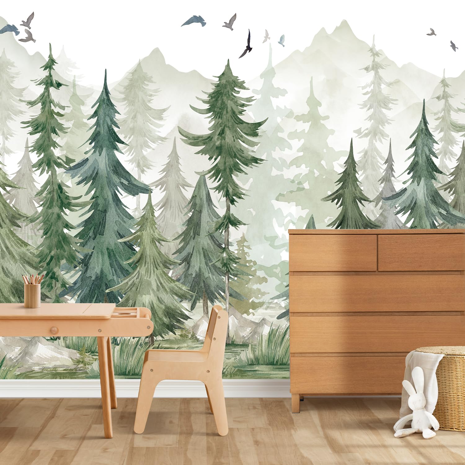 MKDER-Watercolor Tree Wallpaper Peel And Stick Forest Mural Woodland Animals Camping Wallcovering Self Wallpaper Contact Paper Wall Decals Bedroom Nurser - View #6