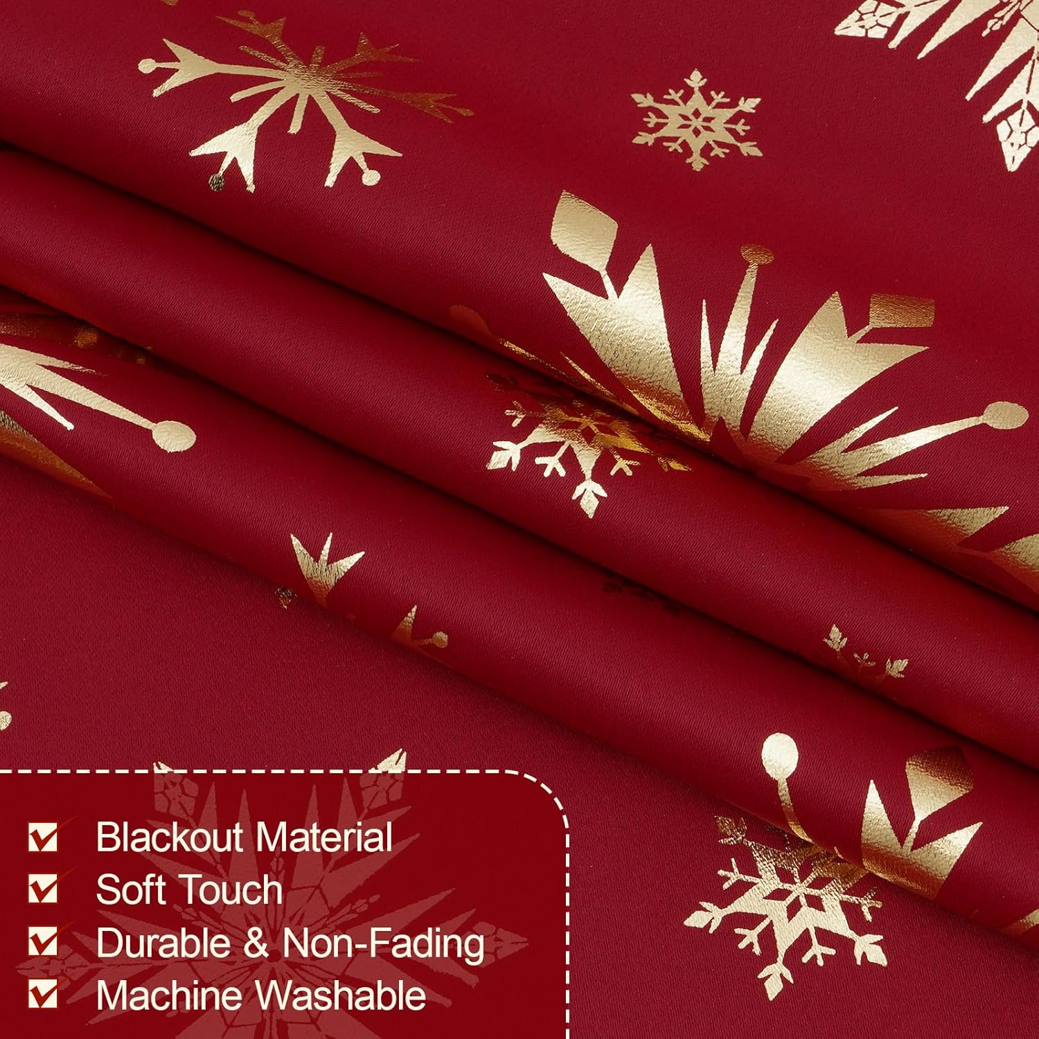 FRAMICS Christmas Curtains for Living Room and Bedroom - Gold Snowflake Foil Print, Blackout, Red, 84 Inch Length, 2 Panels Set, Grommet Window Curtains for Winter