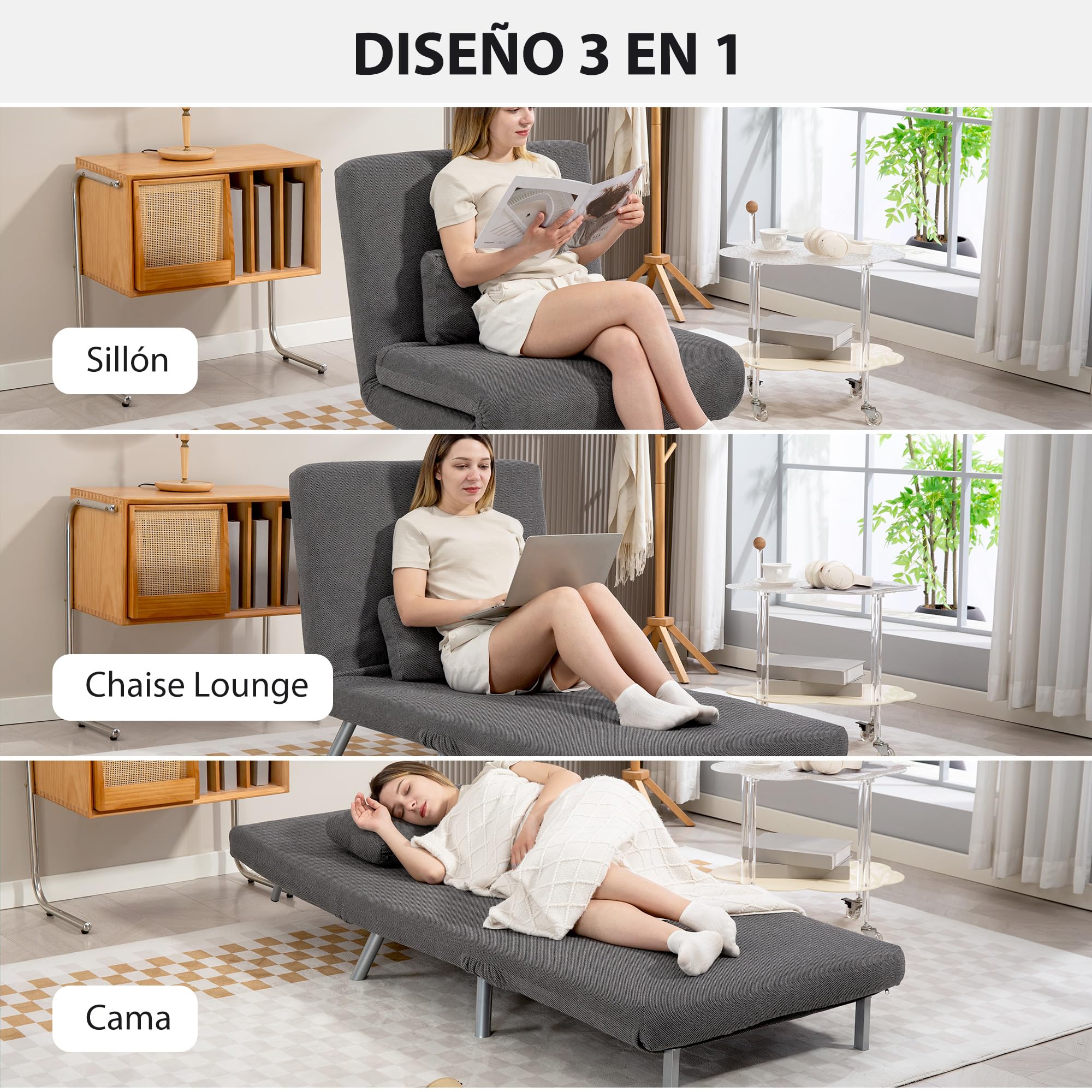 HOMCOM Sofá Cama de 1 Plazas 3 en 1 Sillón Cama Plegable Tapizado en Pata de Gallo con Respaldo Ajustable de 5 Niveles y Almohada Acolchada para Oficina Dormitorio Salón 80x75x83 cm Negro