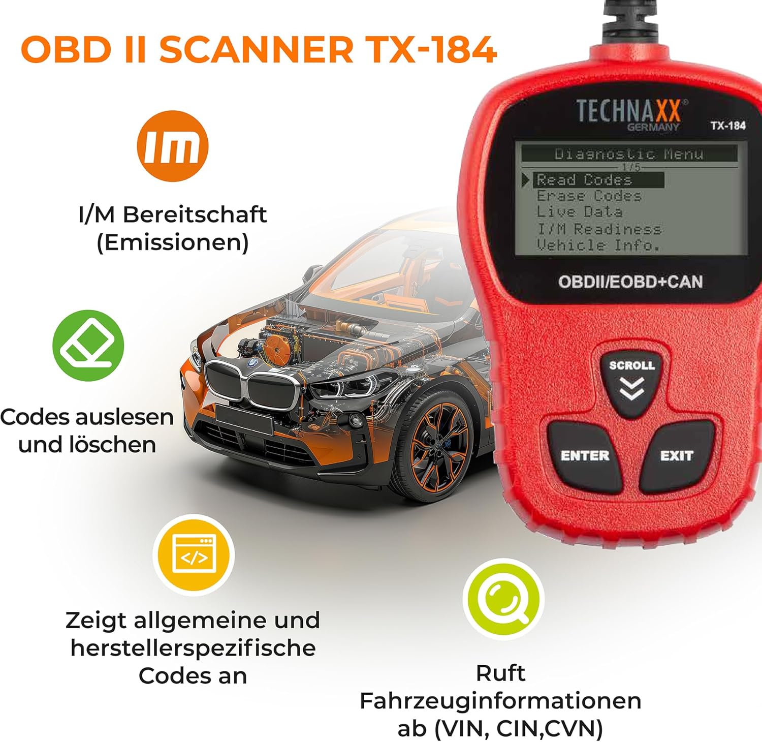Technaxx OBD II Code Reader TX-184 displaying diagnostic menu options
