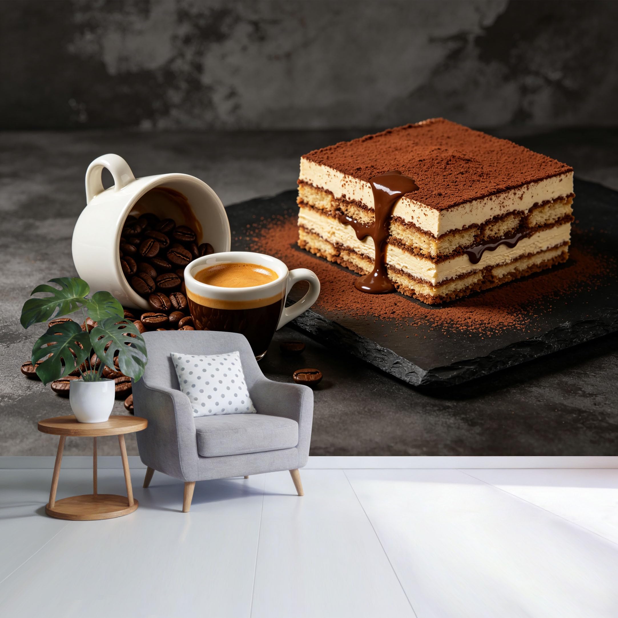 Custom Size Wall Mural Coffee Beans Cup and Tiramisu Dessert Still Life Minimalist Food Photography SelfAdhesive Wall Fabric Removable Wallpaper for Home Office Decor
