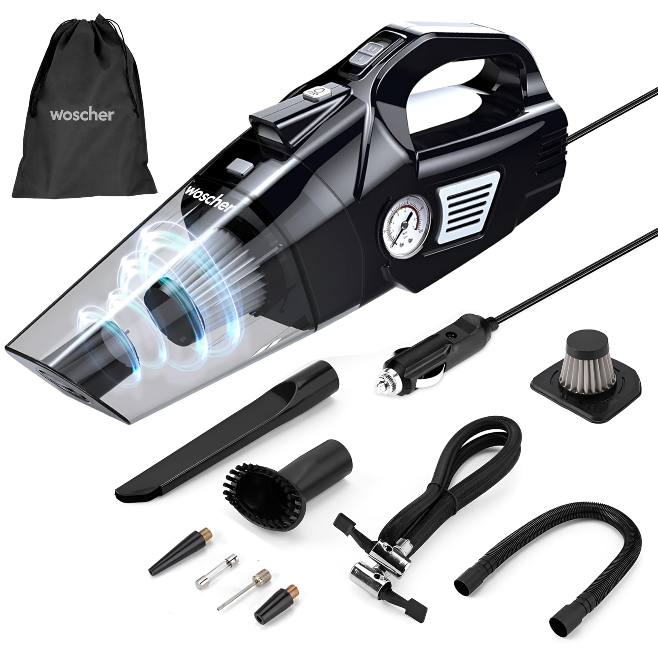 Woscherr 578 2in1 Tyre Inflator for Car & Car Vacuum Cleaner, DC12V|150 PSI Air Pump for Car Tyre|120 Watt Car Vacuum Cleaner High Power 5500PA Handheld & LED Light, Long Power Chord for Wet/Dry Use