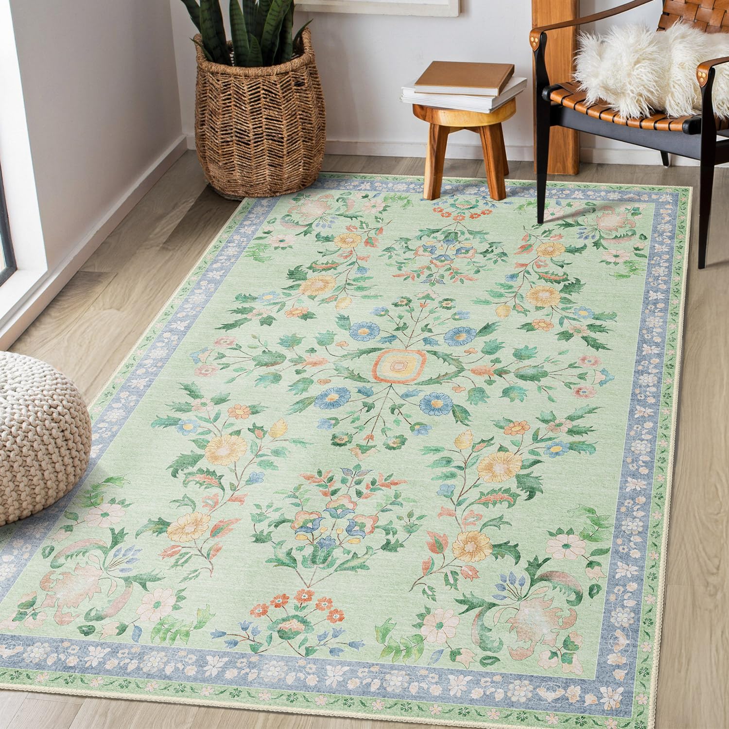 MUJOO Washable 3x5 Rug,Green Floral Area Rugs for Bedroom Bedside Entryway Living Room Kitchen,Small Boho Indoor Floor Rug Non Slip Throw Carpet Low