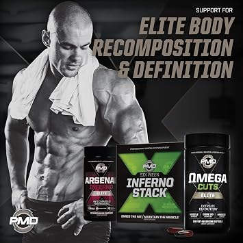 PMD Sports ستة أسابيع Inferno Stack - أقصى قوة لحرق الدهون وحمض CLA أوميغا الدهني لفقدان الدهون بسرعة وزيادة نغمة العضلات - Arsenal X Inferno / 120 Liquid Gels، Omega Cuts Elite/180 كبسولة هلامية