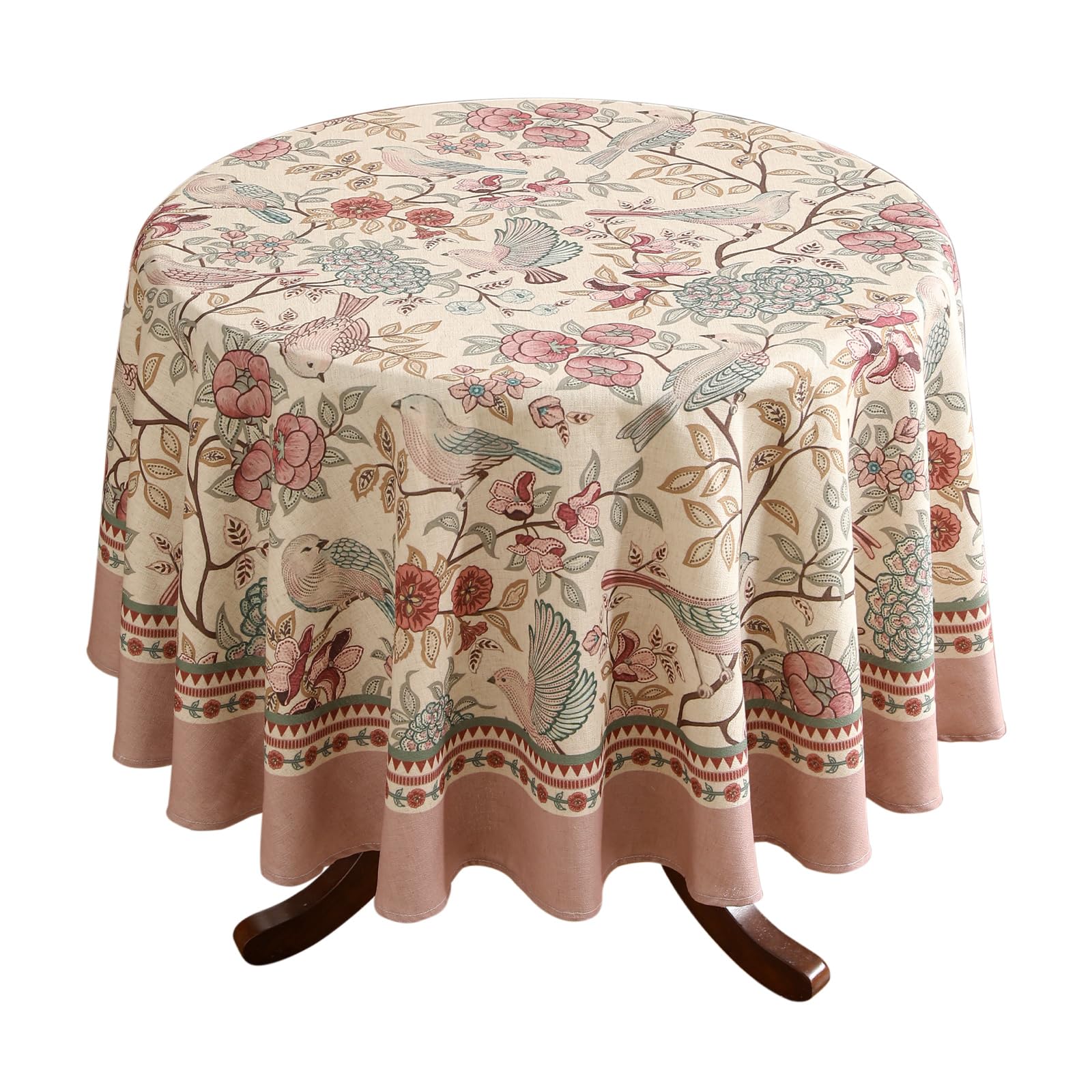patdrea Designer Vintage Round Tablecloth,Pink Linen Table Cloth with Birds Pattern,Colorful Decoration French Table Cover for Kitchen Dining,Party,
