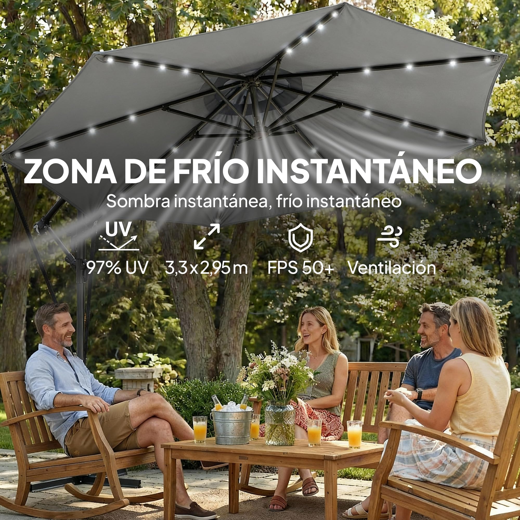 Outsunny Parasol Excéntrico con Luces LED Solares Ø330 cm | Sombrilla de Jardín, Base Cruzada, Manivela, Funda Protectora, Cuerda de Viento, Anti-UV 50+, Terraza, Patio