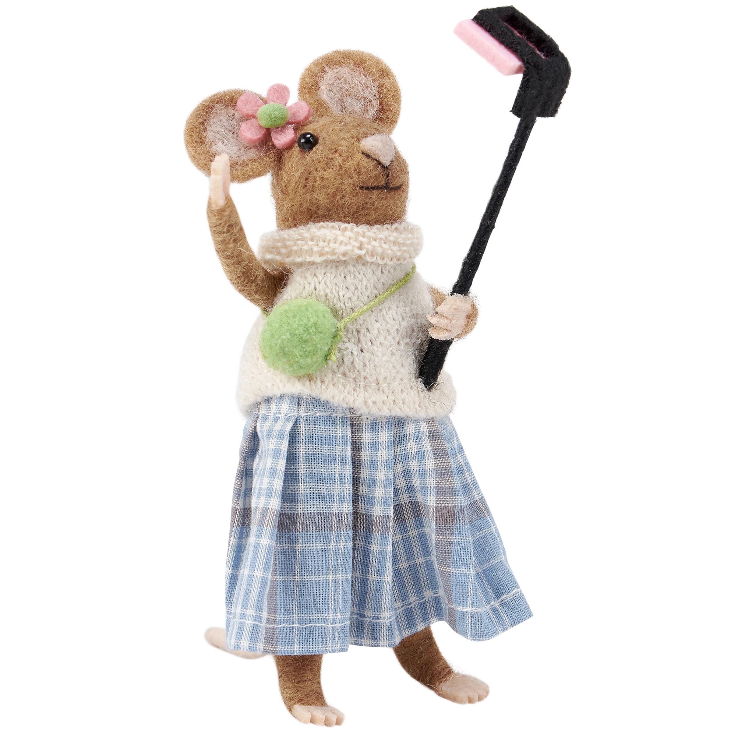 Ratón de fieltro con palo selfie para decorar estanterías salones 7