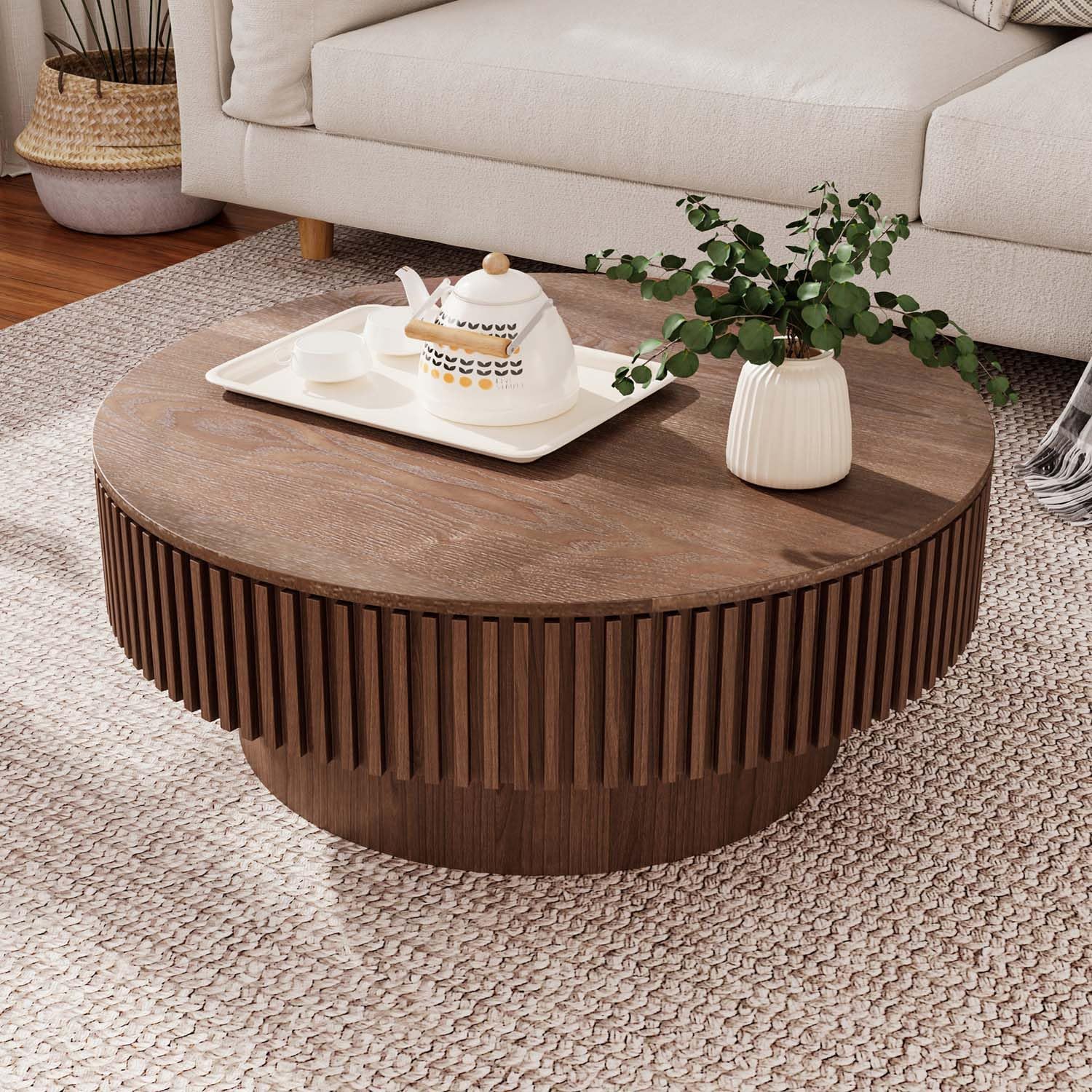 Round Coffee Table with Storage, Modern Wooden Coffee Table with Solid Wood Veneered, Circle Center Table Accent Tea Table for Living Room Apartment Small Space (31.5''L × 31.5''W × 14''H, Walnut)