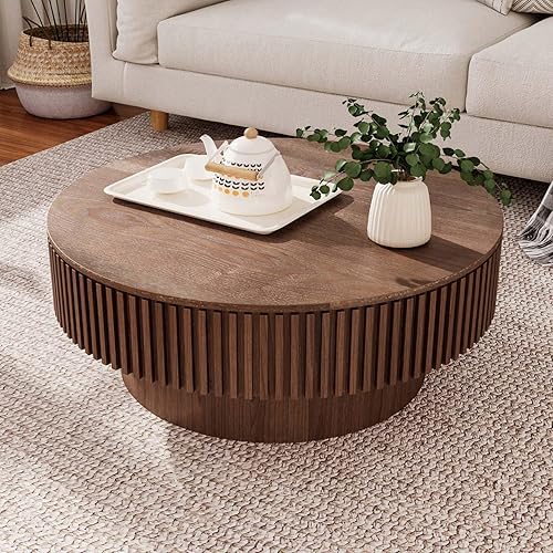 Miniatura 17 de Mesa de centro redonda de 39 pulgadas con almacenamiento, moderna mesa de centro de madera con chapa de madera maciza, mesa central circular para