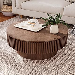 Round Coffee Table with Storage, Modern Wooden Coffee Table with Solid W...