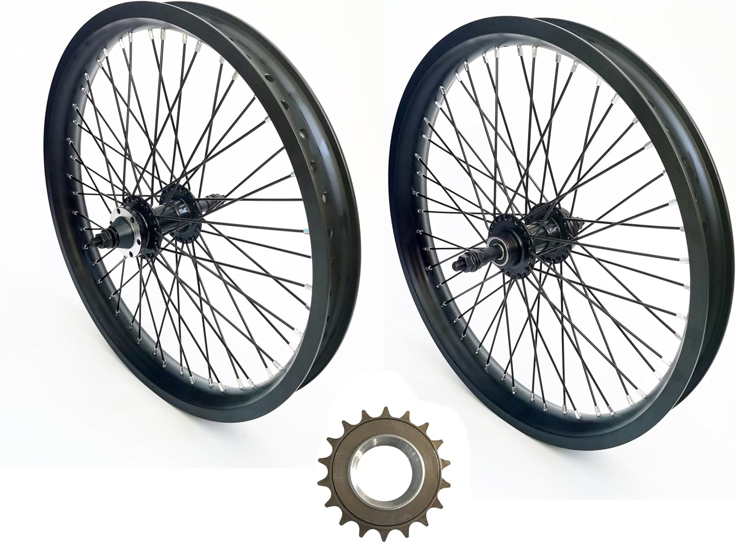 20 inch x 1.85" Heavy Duty Bike Rim Wheels Set & 18T Single Speed Freewheel, 12 Gauge 48 Spokes Wheelset, Double Wall Aluminum Alloy 20" Bicycle Rims Set (Front & Rear) (Black) Disc Brake