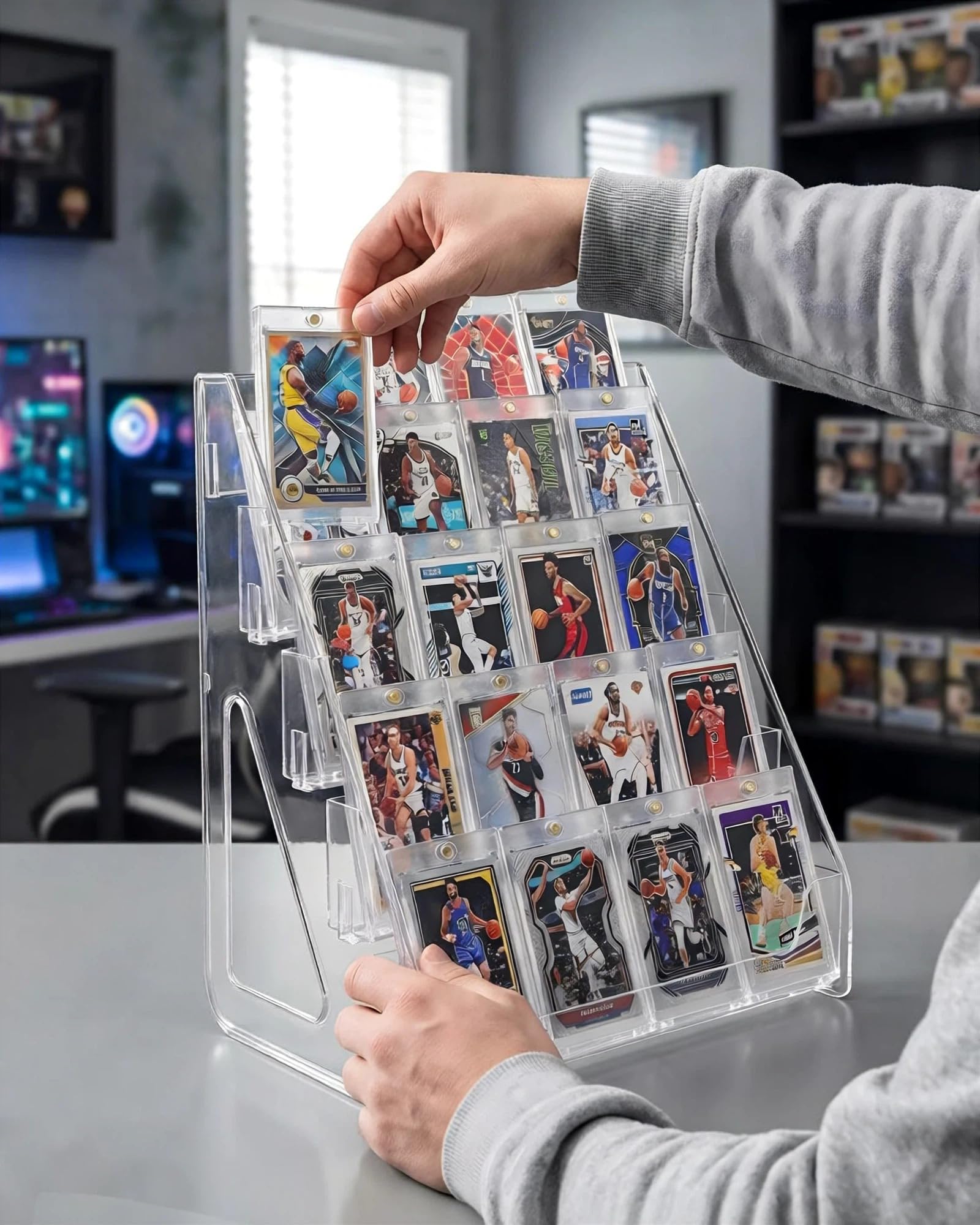 Espositore per carte collezionabili a 5 livelli con 10 porta carte magnetiche, espositore per carte sportive graduate per baseball e basket, ideale per collezionare carte PSA e BGS ed