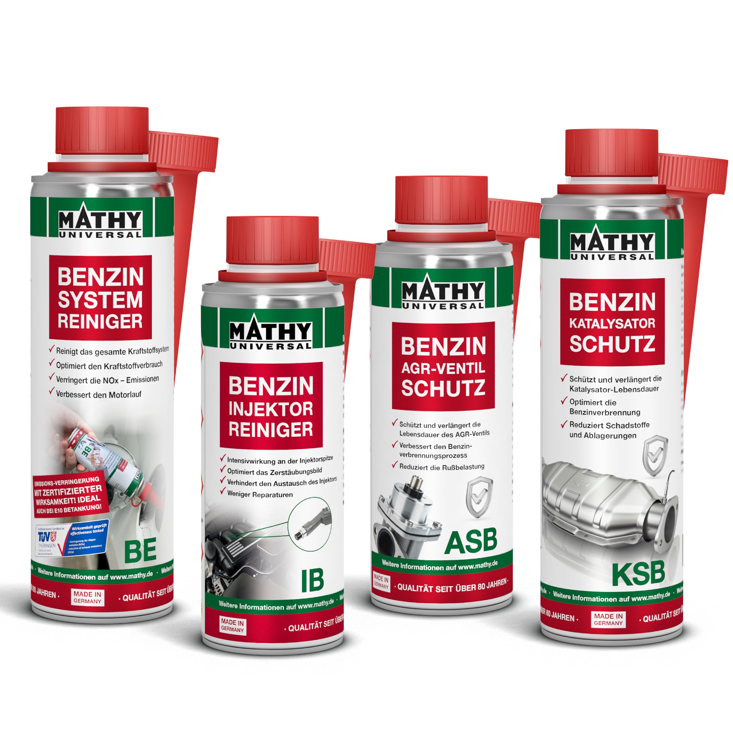 MATHY Benzin-Komplett-Kur, Hochwirksames Benzinadditiv All in One Set | 4 Kraftstoffadditive: Systemreiniger, Injektor Reiniger, AGR und Katalysator, Schutz für Motor, Kraftstoff- & Abgassystem