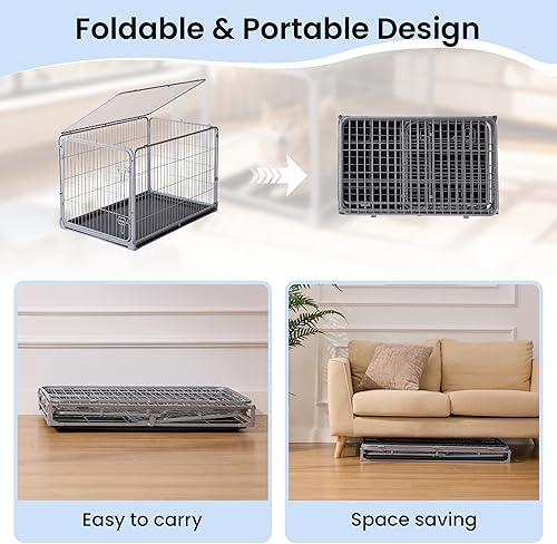 Miniatura 3 de Jaula plegable para perros grandes Perrera de metal a prueba de fugas de 42 pulgadas con doble puerta, jaula plegable de fácil montaje con bandeja