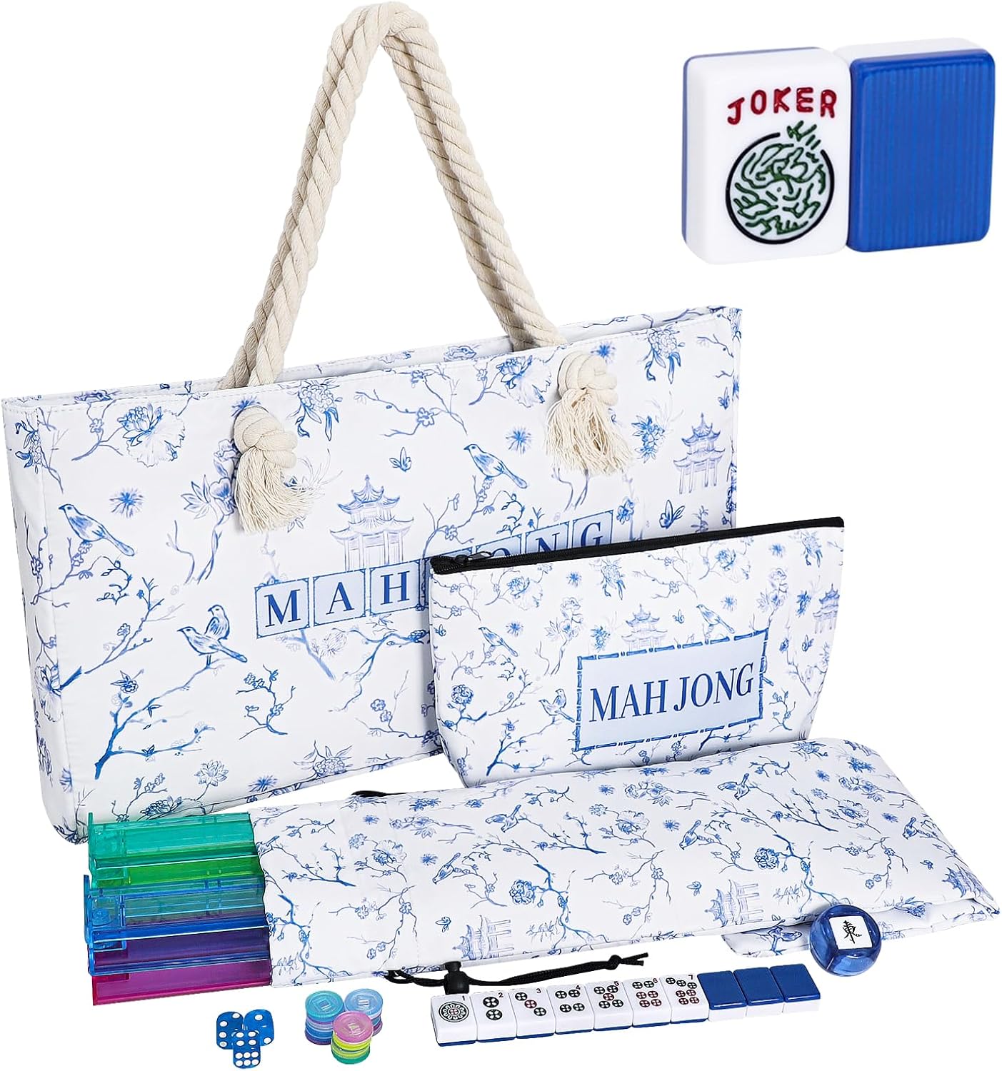 American Mahjong Tile Set, 166 Blue Tiles, Bag and Mahjong Accessories, 4 All-in-One Rack/Pushers, Mahjong Set Complete