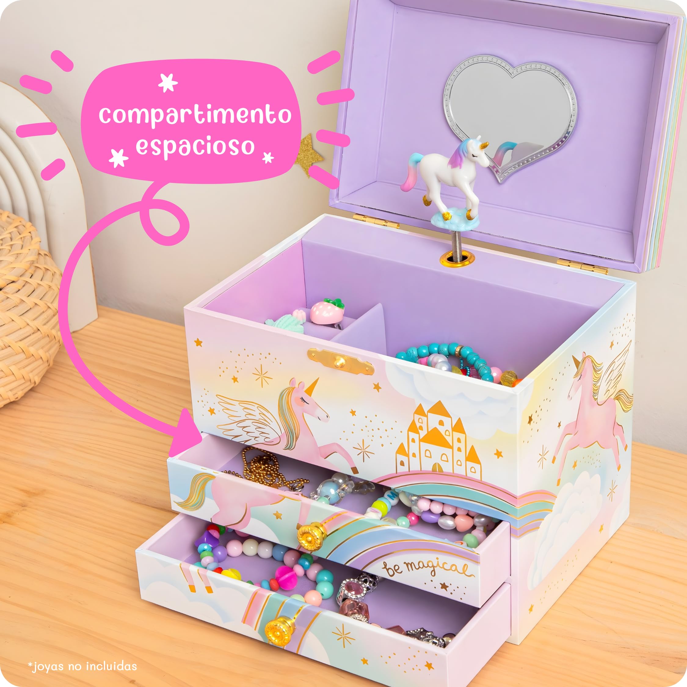 Giggle & Honey Joyero Musical Grande de Unicornio con Dos Cajones para Niñas - Caja de Música Infantil con Espejo