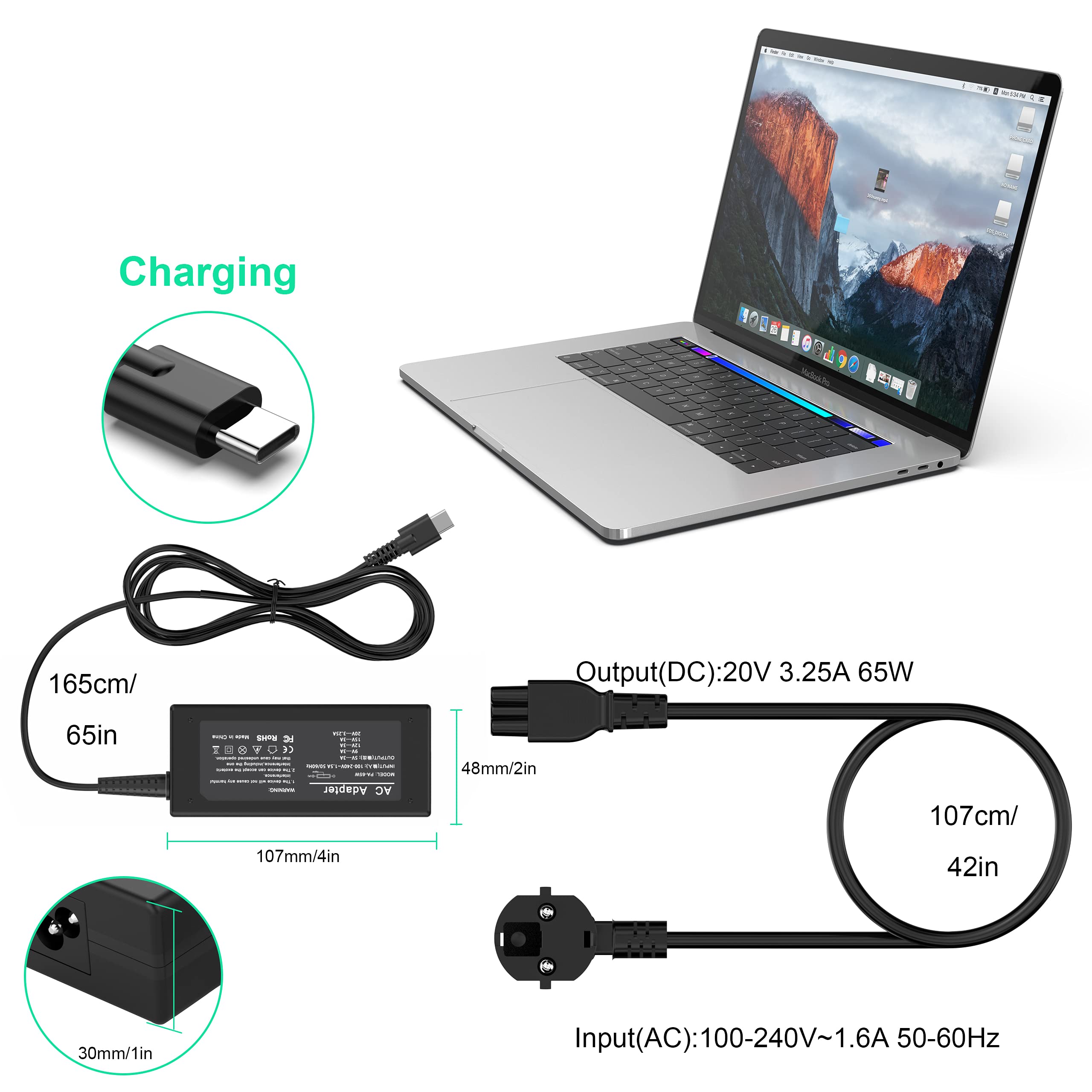 65W USB C Tipi Dizüstü Şarj Cihazı, Mac Book Pro/Lenovo ThinkPad/Samsung/ASUS/Dell/Chromebook/Yoga/ACE/Huawei ve diğer tüm USB Tip C Cihazları için Evrensel Adaptör Güç Kaynağı（45W için de geçerlidir）