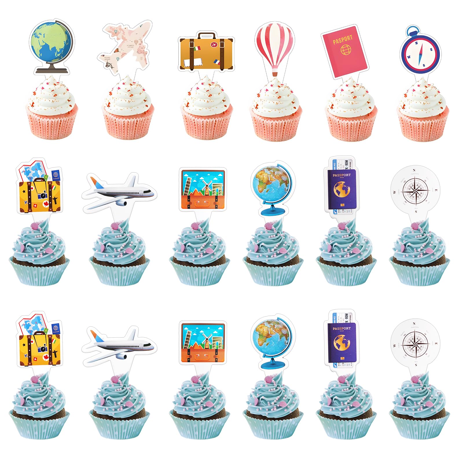 Menipros 36Pcs Adventure Travel Theme Cupcake Toppers,Travel Around The World Bon Voyage Party Supplies,Photo Props for Let The Adventure Begin Going Away Party
