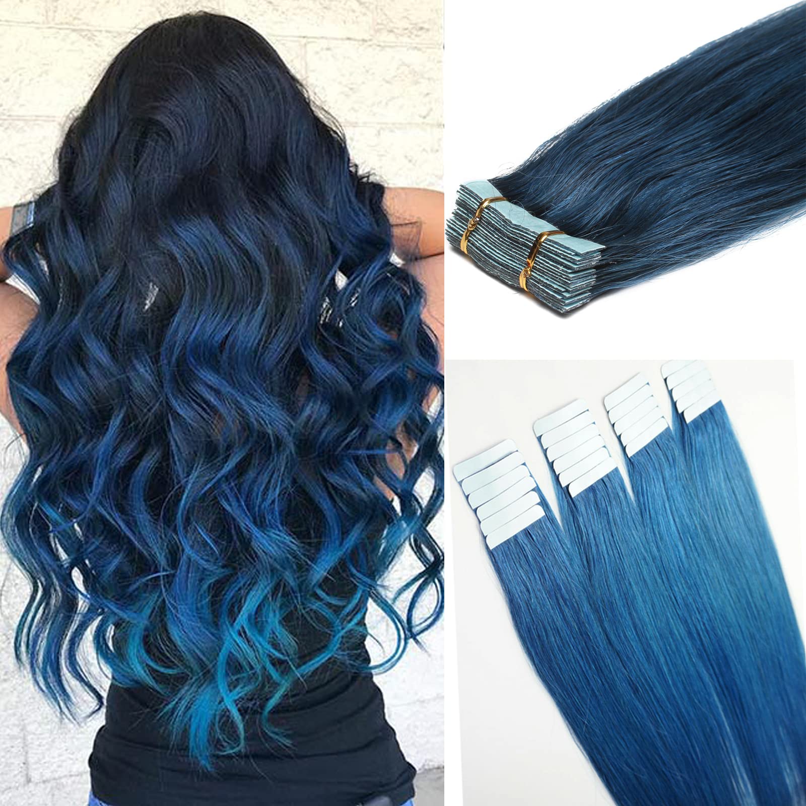 Fenicy Blue Tape in Hair Extensions Human Hair Seamless Skin Wefts Durable Tape-ins Real Remy Human Hair Extensions Bright Blue Colored Natural