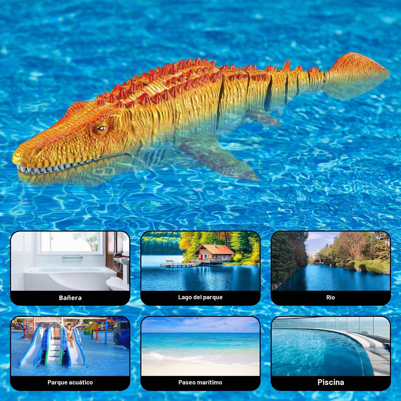 Barcos Teledirigido RC Mosasauru, 2.4GHz Impermeable Juguete del Mosasaurio De Agua con Agua pulverizadora, Dinosaurio Teledirigido Agua, Regalo para Niños Piscina, Lago, Baño (Amarillo)