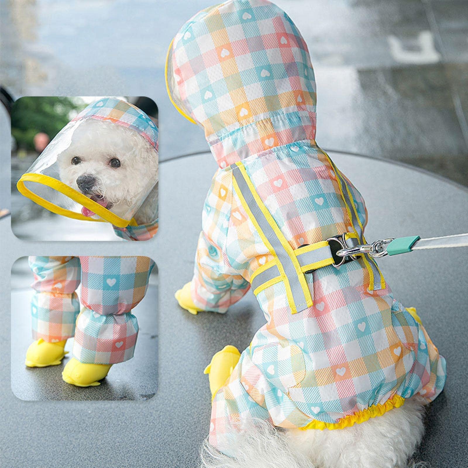 Impermeabile per Cani con Cappuccio, Copertura Integrale a Quattro Zampe con Cappello, Impermeabile con Cappuccio per Cani Tuta Riflettente Poncho Antipioggia per Cuccioli (Blue Large)