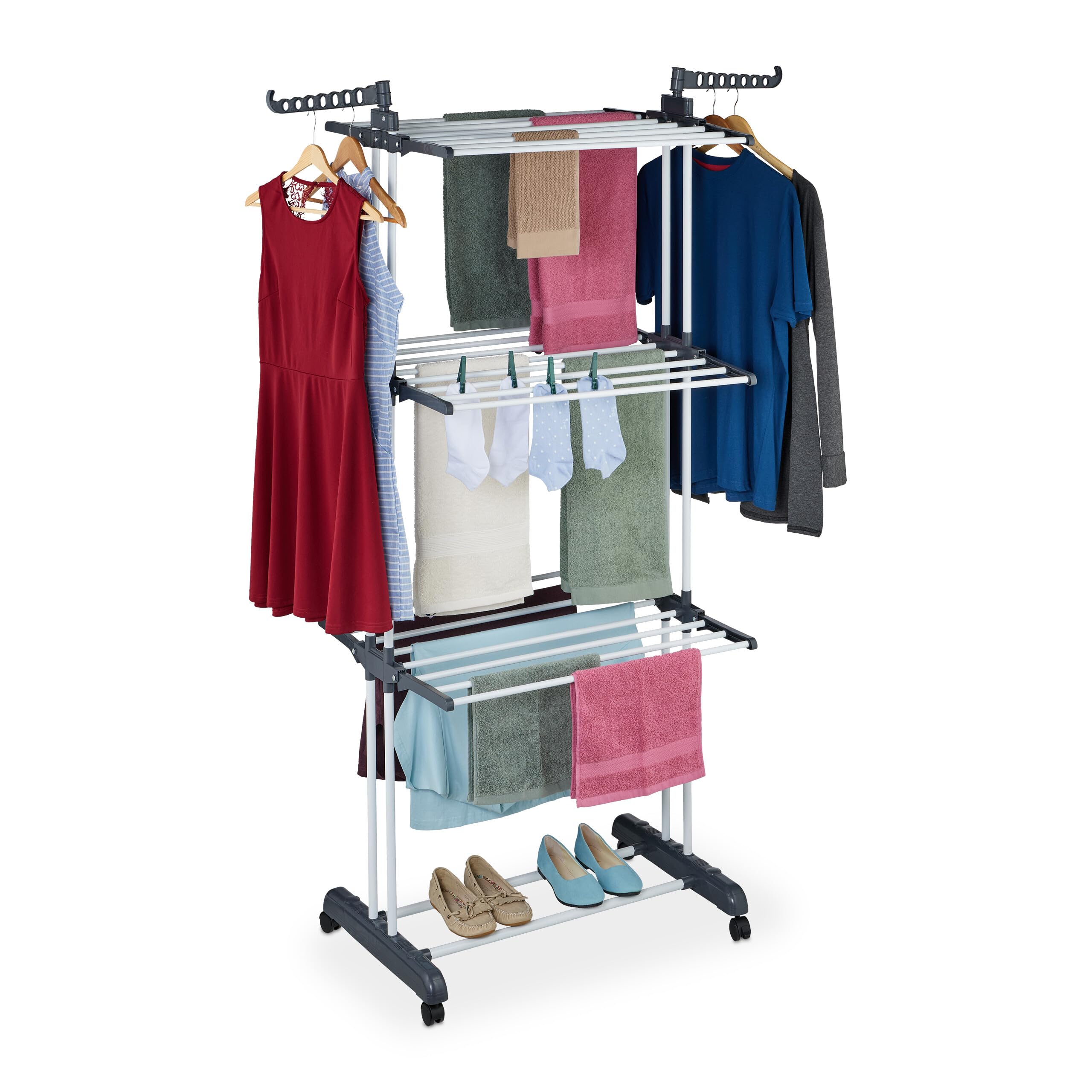 Relaxdays Clothes Airer, with Wheels, Folding Wings, HWD: 173 x 126 x 64 cm, Metal, Rolling Laundry Rack, White/Grey, Plastic, Iron