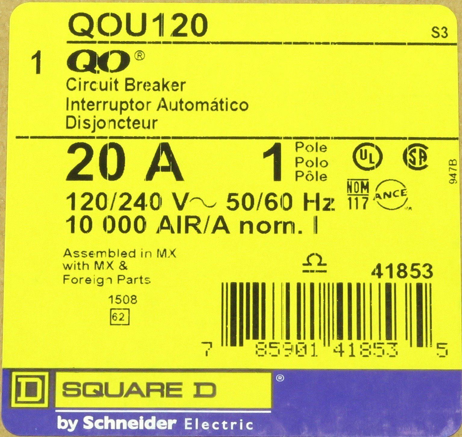 Square D QOU120 Unit Mount Circuit Breaker, Qou, 1 P, 20A