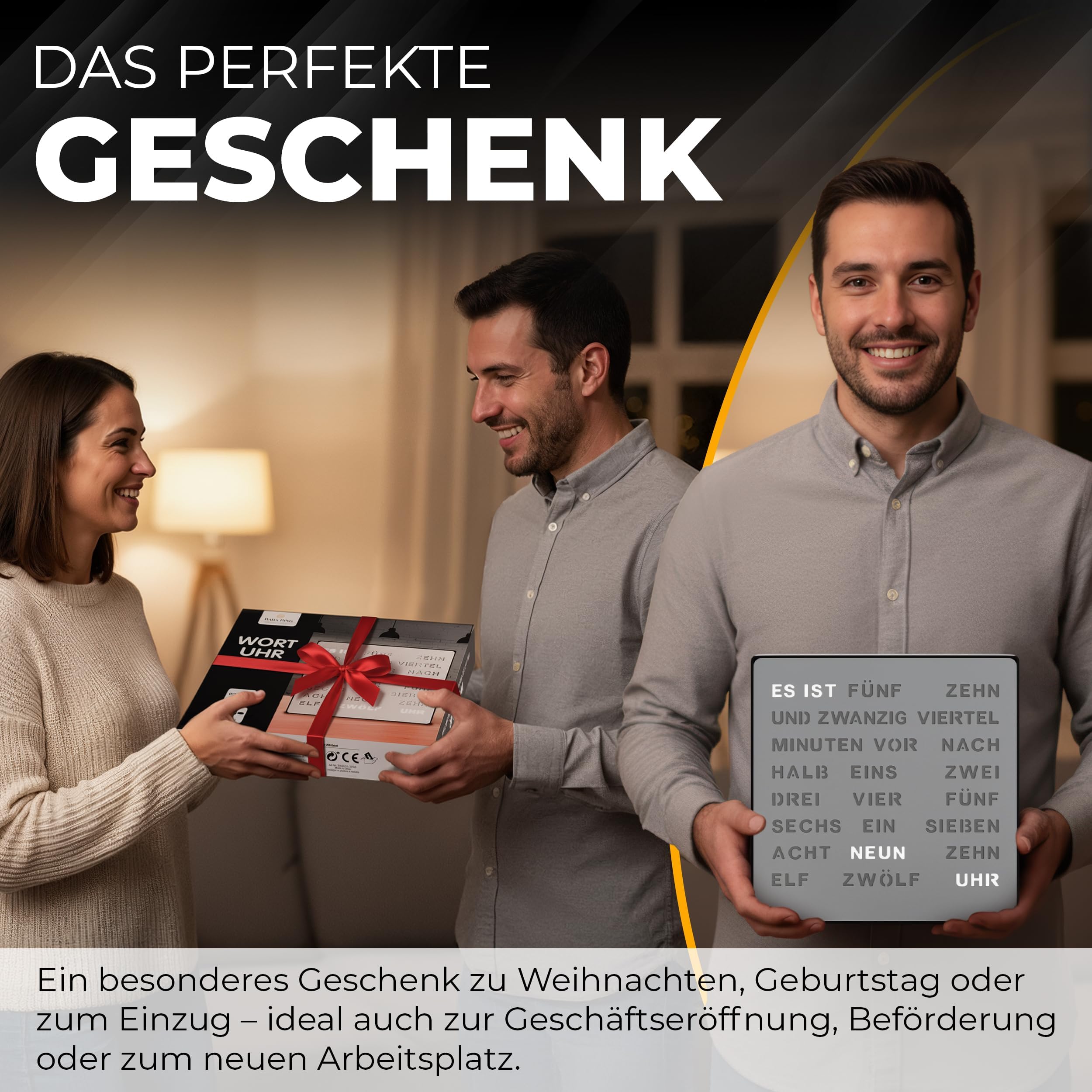 Bada Bing LED Wortuhr Silber mit Deutscher Wort Anzeige - edle Metall Uhr mit USB Kabel Wanduhr modern - Tischuhr hochwertig lautlos zum Aufstellen/Aufhängen - Deko Geschenk Männer Geburtstag Büro