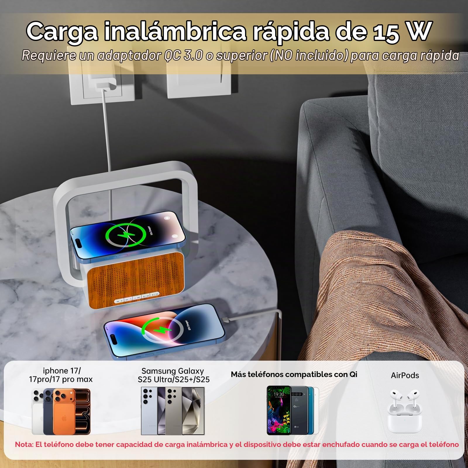 Altavoz Bluetooth con Luz Nocturna y 15W Cargador Inalámbrico, lamparas de mesita de Noche con Control táctil y 5 Modos de iluminación RGB (Beige)