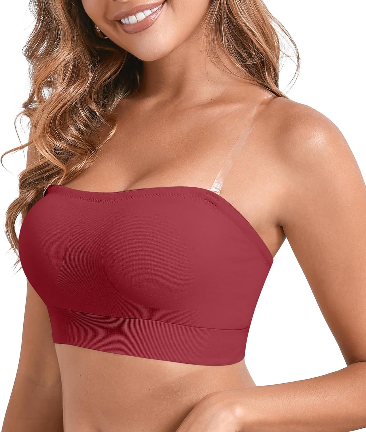 DEANGELMON Strapless Bras for Women Wireless Push Up Non-Slip Bandeau Bra Seamless Clear Straps TubeTop Padded Bralette