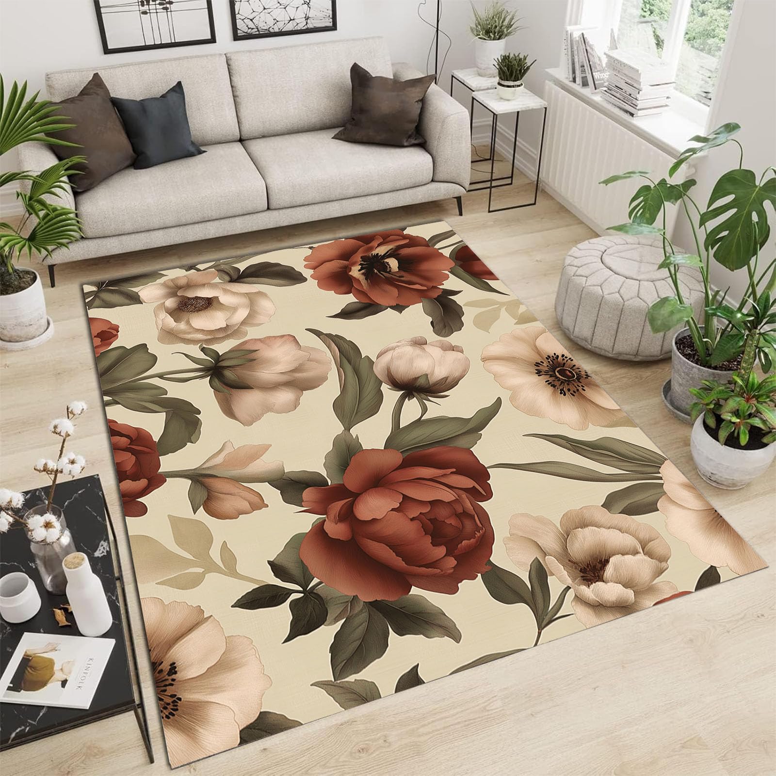 Tapis Lavable en Machine Rose Blush Floral 120x180 Antidérapant Salon