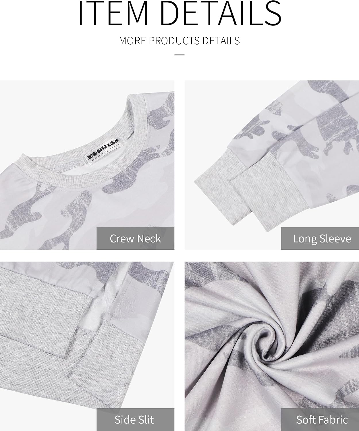 ECOWISH Women Side Split Sweatshirt: Fall Crewneck Long Sleeve Oversized Camo Shirts Casual Camouflage Print Pullover Tops